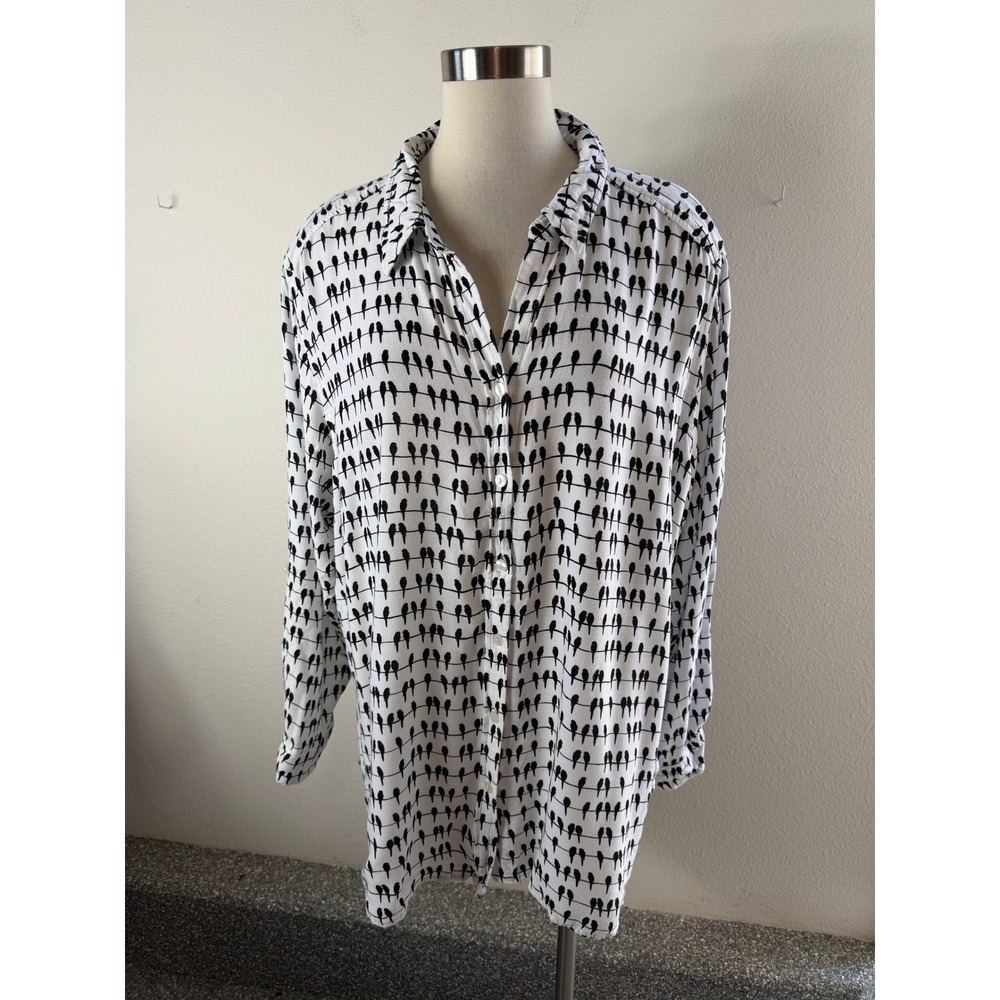 Jane + Delancey Womens Plus 3X Birds on a Wire Button Up Blouse White Black Top